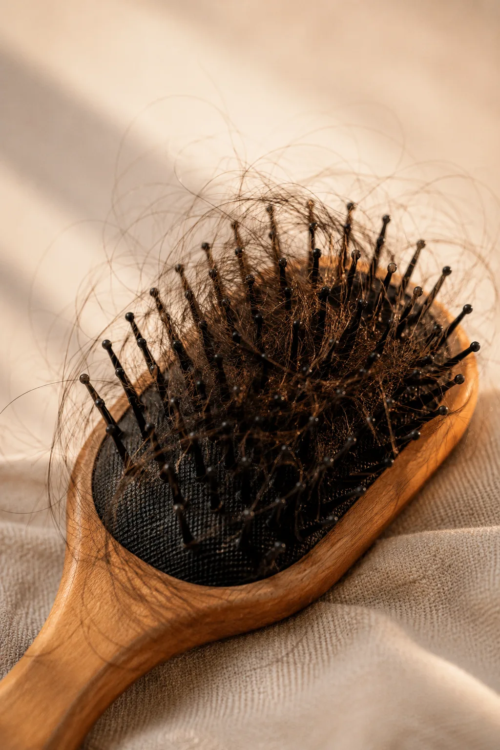 Brosse à cheveux avec des cheveux tombés, posée sur un tissu clair